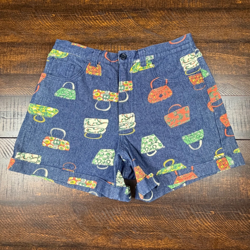 Tatyana Retro Purse Print‎ Denim Shorts Blue Size M Novelty Mod Pinup Rockabilly